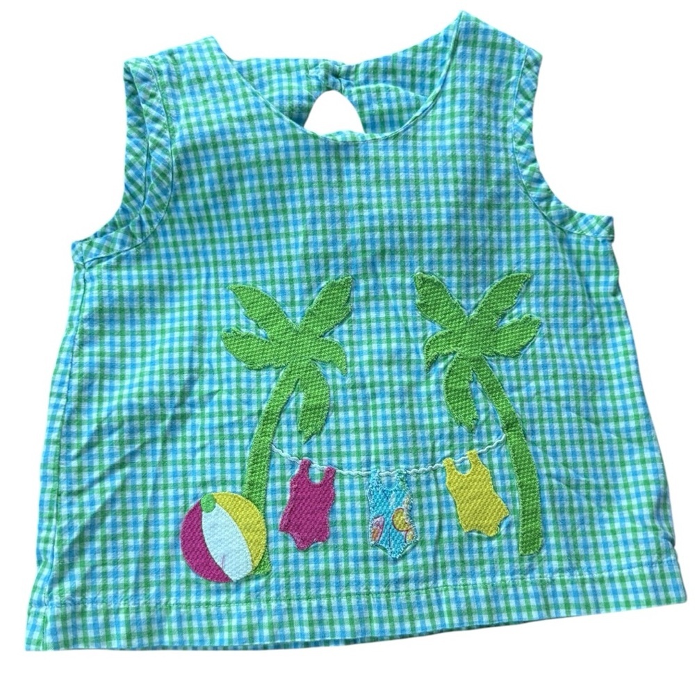 Vintage Greggy Girl Girls 6X Green Gingham Palm Tree Beach Appliqué Cotton Top - Picture 4 of 7